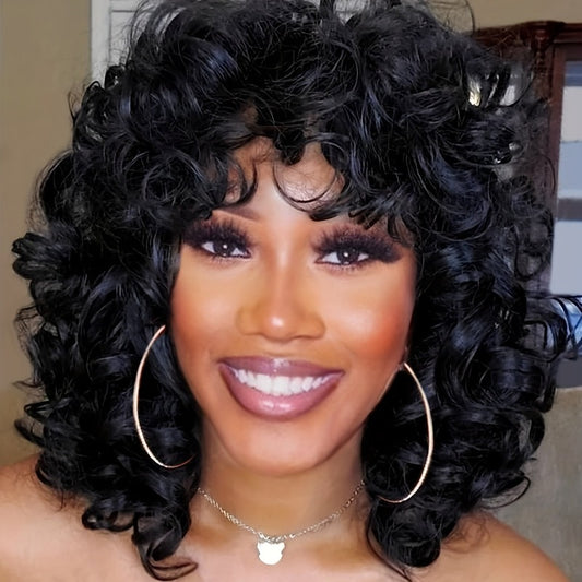 "Bouncy Curls Delight: Fluffy Short Curly Wig with Bangs - Perfect for Cosplay, Parties, and Everyday Glam"