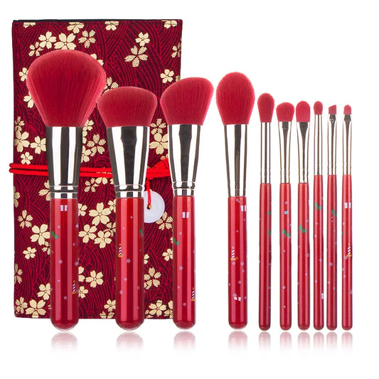 "10-Piece Kabuki Brush Set for a Luxurious Makeup Experience - Soft Synthetic Hair and Customizable Red Handles"