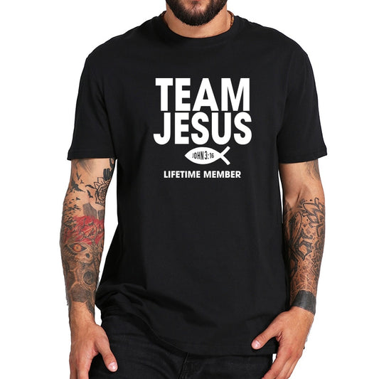 "Rejoice in Faith with Our Team Jesus Fish Print T-Shirt, Made with 100% Cotton"