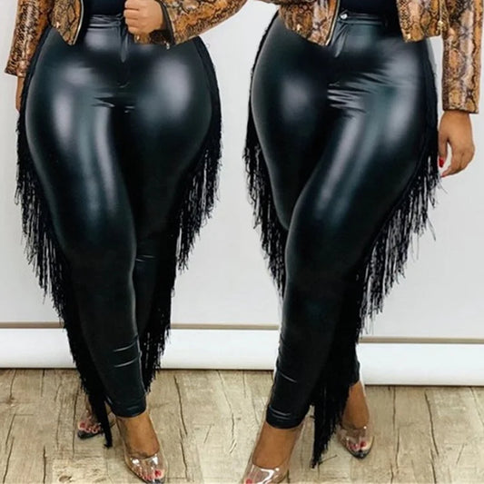 "Fierce and Flattering: High-Waisted Fringed Leather Pants for Plus Size Women"